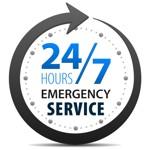 Image of a clock with an arrow and the words 24/7 hours emergency service