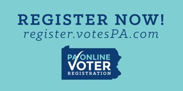 PA Register to Vote Image of the state of Pennsylvania with the words register to vote