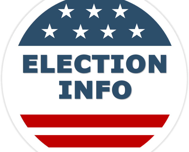 Image of a blue circle with red and white stars and the word Election Information